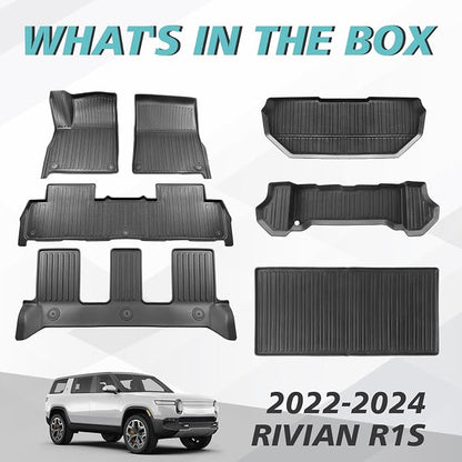 BestEvMod Compatible with Rivian R1S All Weather Cargo Liners Frunk Mat&Floor Liners&Trunk Mat Set Anti-Slip 3D Pattern TPE Waterproof Non-Slip 2022-2024 Accessories (R1S-Frunk+Floor+Trunk)