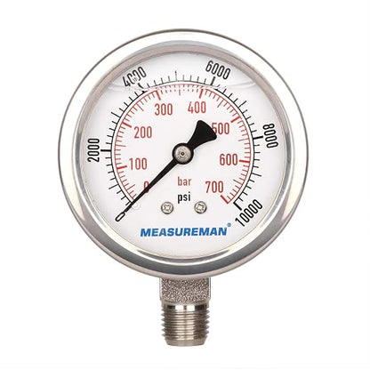 MEASUREMAN 2-1/2" dial,Glycerin Filled Hydraulics Pressure Gauge Stainless Steel case, 316 SS Wetted Part, 0-10000psi/bar1/4 NPT,Lower Mount