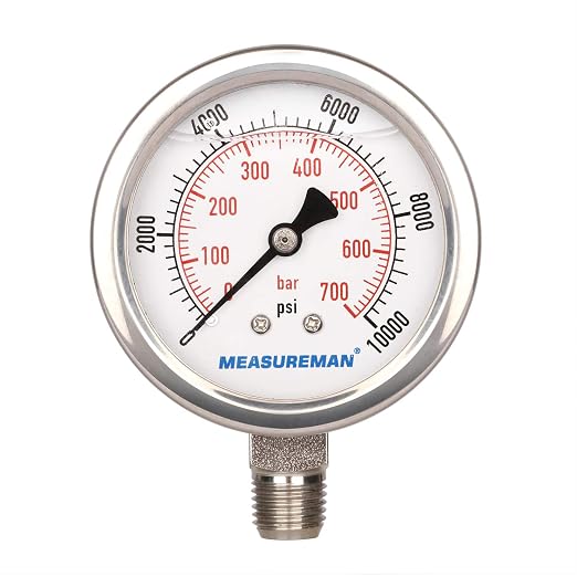 MEASUREMAN 2-1/2" dial,Glycerin Filled Hydraulics Pressure Gauge Stainless Steel case, 316 SS Wetted Part, 0-10000psi/bar1/4 NPT,Lower Mount