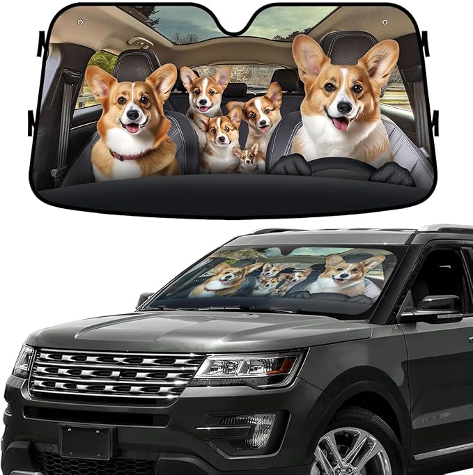 GENANY Cute Corgi Dog Family Funny Windshield Sun Shade for Car SUV Truck (55x30 Inches), Sun Shade for Front Windows, Protector Blocks UV, Spring Car Decor