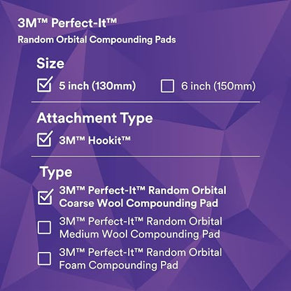 3M Perfect-It Random Orbital Coarse Wool Compounding Pad, 5"/130 mm, White, 34120, Orbital Pads for Automotive Compounding and Polishing