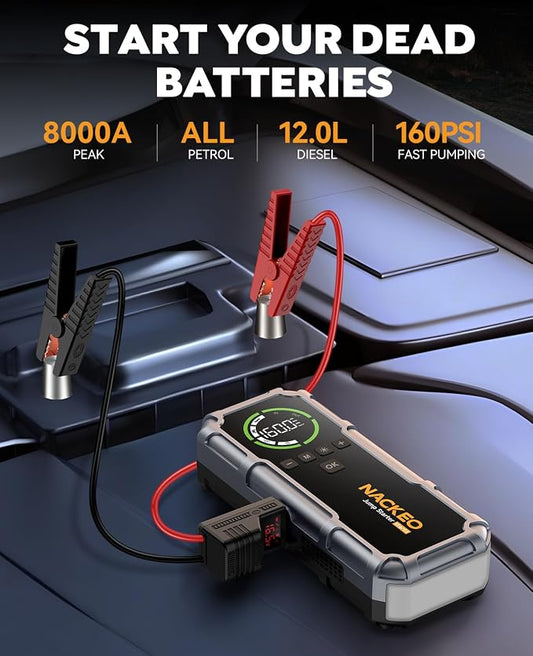 Car Battery Jump Starter with Air Compressor 8000A 160PSI, Car Jumper Starter Portable (All Gas/10L Diesel), Jump Starter Jump Box with Jumper Cables, LED Light, Large LCD Display, Power Bank