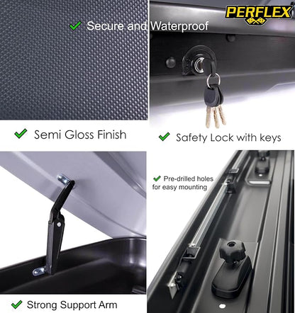 Perflex Exclusive Rooftop Cargo Box Carrier Large 17.7 Cubic Feet Car Top Mount Travel Luggage Storage, Dual Side Opening, 130 Lbs Weight Capacity, Extra Keys, Straps (Black)
