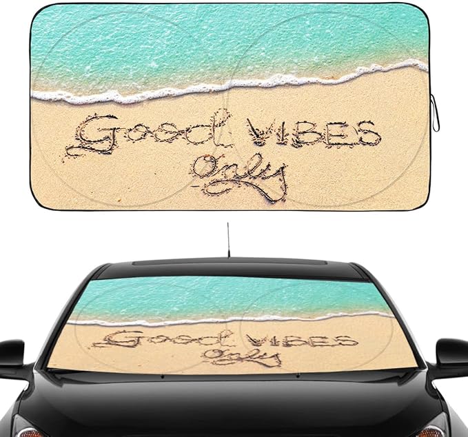 Gven Windshield Sun Shade for Car Front Window Cover Sunshades Visor Automotive Sun Shield for Compact Sedan, SUV, Midsize Sedan, Small Pickup Blocks UV Rays Keep Your Vehicle Cool (Good Vibes, S)