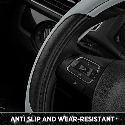 Road Comforts Leather Steering Wheel Cover - Made with PVC Leather - Anti-Slip, Universal Fit 14 1/2 inches to 15 inches - Gray