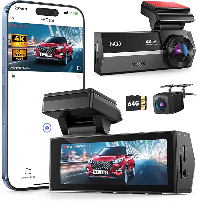 Dash Cams Front and Rear, NQJ 4K+2K Dual Dash Camera for Cars w 64GB Card, 5G Wi-Fi & App, G-Sensor, 3.2” Screen, 24H Parking Mode, 170°Wide Angle, Night Vision