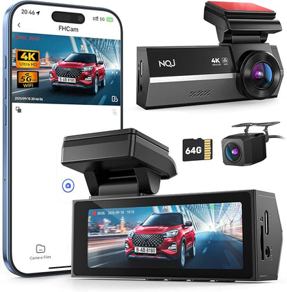 Dash Cams Front and Rear, NQJ 4K+2K Dual Dash Camera for Cars w 64GB Card, 5G Wi-Fi & App, G-Sensor, 3.2” Screen, 24H Parking Mode, 170°Wide Angle, Night Vision