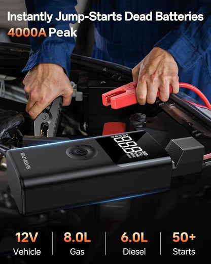 BUVAYE 4000A Jump Starter with Air Compressor, 150PSI Tire Inflator, 12V Portable Car Battery Jumper, Auto Shutoff, Digital Gauge, Smart Clamps, Carry Case