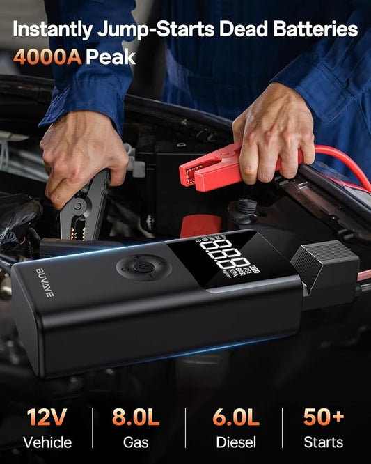 BUVAYE 4000A Jump Starter with Air Compressor, 150PSI Tire Inflator, 12V Portable Car Battery Jumper, Auto Shutoff, Digital Gauge, Smart Clamps, Carry Case