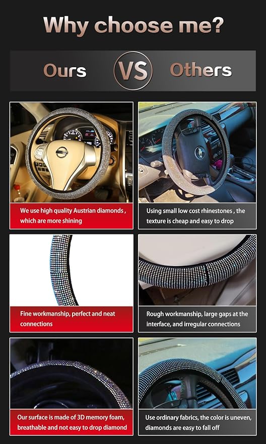 Bling Bling Women Steering Wheel Cover for car, 15 Inch Universal White Crystal Rhinestone Diamond Bling Accessories Anti-Slip Wheel Protector