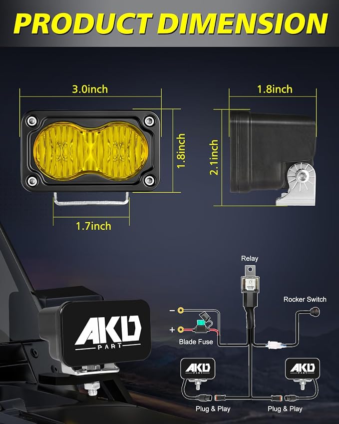3" 40W Yellow Flood LED Pods with Wiring Harness & Black Covers | High Intensity CREE LEDs Yellow Fog Lights Small Chase Lights 2 Packs for Trucks Motorcycle SUV UTV ATV Dirt Bike