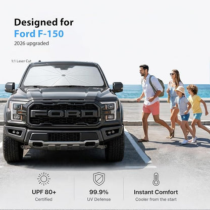 for Ford F150/250/350/450 Windshield Sun Shade Umbrella [10-Rib Anti-Sagging, 100% Full Cab UV Block] Custom Fit Foldable Sunshade with Fast Storage Bag, for Ford F150/250/350/450 (2015-2025)