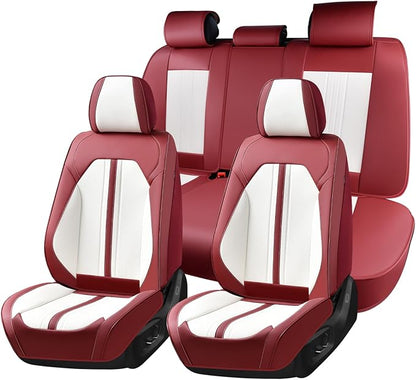 Huidasource Car Seat Cover, Luxury Faux Leather Seat Covers for Cars, Velcro Adjustable, with Airbags, Child Seat, Perforation Cooling＆Heating, Universal Fit for Most Cars Vans Trucks SUVs, Red＆White