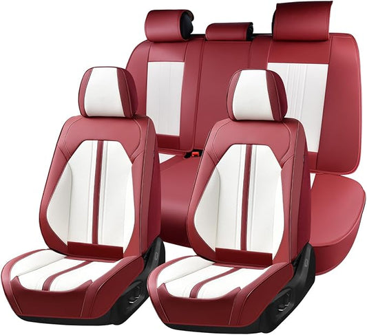 Huidasource Car Seat Cover, Luxury Faux Leather Seat Covers for Cars, Velcro Adjustable, with Airbags, Child Seat, Perforation Cooling＆Heating, Universal Fit for Most Cars Vans Trucks SUVs, Red＆White