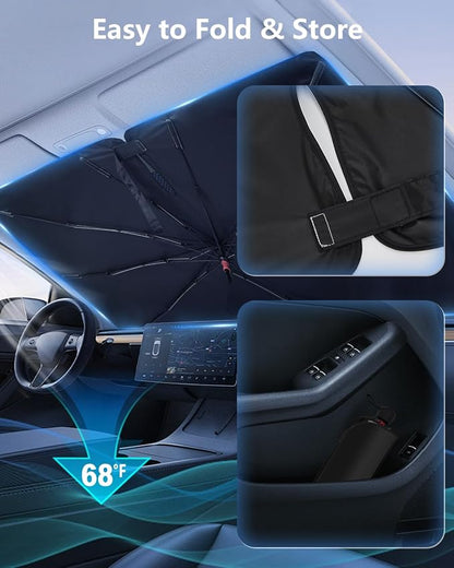 Car Windshield Sun Shade-Sun Ray Reflective Front Window Cover,Foldable Car Sunshade Windshield Umbrella with Bendable Handle for Heat and Sun Protection,Easy to Install for Cars,SUVs,Trucks and Vans