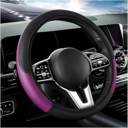 DXNQ Car Steering Wheel Cover, 15 Inch Carbon Fiber Leather Stitching Color Steering Wheel Protector, Anti-Slip Elastic Breathable Steering Wheel Cover Stylish Decor for Most Cars (Black&Purple, AD)