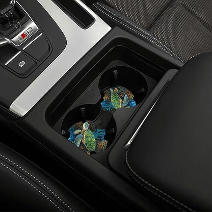Sea Turtle Steering Wheel Cover + 2 Cup Coasters - Neoprene Non-Slip, Breathable Elasticity Universal Fit 14.5-15.6 Inch for Cars/Trucks/SUV - Car Interior Decoration