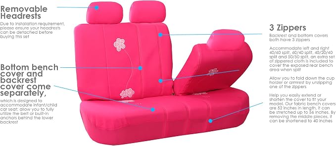 FH Group Car Seat Covers Floral Full Set Pink Automotive Seat Covers, Airbag and Split Rear Car Seat Cover Universal Fit Interior Accessories for Cars Trucks and SUV Car Accessories Car Seat Protector