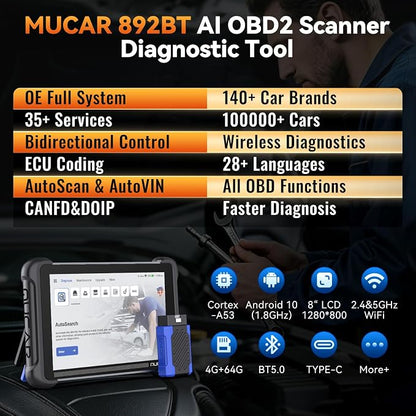 MUCAR 892BT AI Bi-Directional OBD2 Scanner, Full System OBD2 Scanner Diagnostic Tool,35 Services,ECU Coding,FCA Autoauth,CANFD&DOIP,for Car Owners, DIYer, Technicians, Inspectors, Trainees and Others