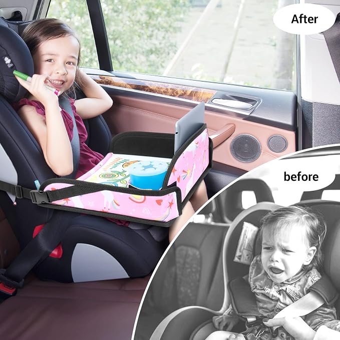 COOLBEBE Kids Travel Tray for Toddler Car Seat, Portable Car Seat Lap Tray with 2 Cup Holders, Pink Unicorn Design for Airplane, Road Trip Activities