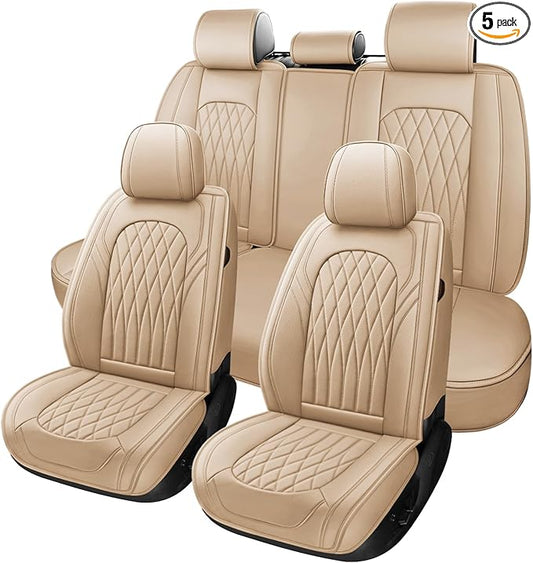 WELLDO Nappa Faux Leather Car Seat Covers Full Set, 5Seats,Beige | Waterproof, Non-Slip Seat Protector, 0.28in Thickened Cushion, Airbag Compatible, Universal for Cars SUV Truck Pickup