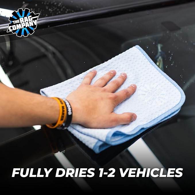 The Rag Company Dry Me A River, Professional Korean 70/30 Blend Microfiber Waffle-Weave Drying & Detailing Towels, Soft Suede Edges, 390 GSM, 16x24 Inches, Light Blue, 3-Pack