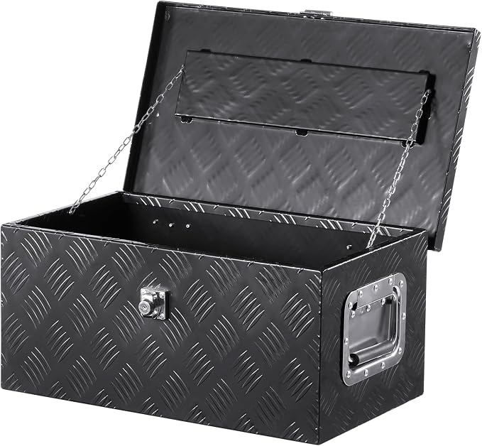 VEVOR Heavy Duty Aluminum Truck Bed Tool Box, Stripes Plated Tool Box with Side Handle and Lock Keys, Storage Toolbox Chest Organizer for Trailer, Pickup, Truck Bed, RV, 20"x12"x9.5", Black