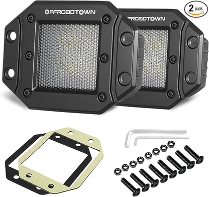 Flush Mount LED Pods, OFFROADTOWN 5'' 12,000LM CREE LED Driving Lights Reverse Backup Light Flush Light Bar Off Road Lights Work Light for Truck Pickup UTV ATV SUV Boat 4x4 Car - Diffusion Beam