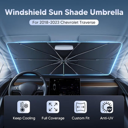 Autorder Windshield Sun Shade Umbrella for 2018-2023 Chevy Chevrolet Traverse SUV Accessories,Upgraded Ice Crystal Material,Easy Setup Umbrella Sunshade for Car Windshield,100% Sun Blocking
