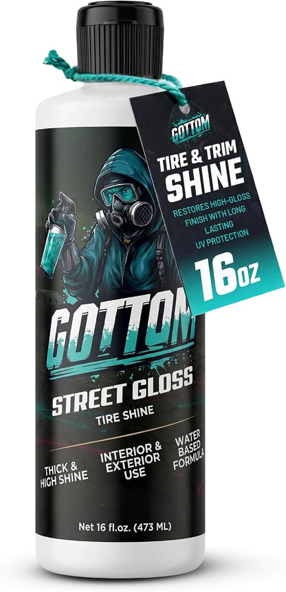 Gottom Tire & Trim Shine – 16oz, Scented Boosted Colada - Ultra High Gloss for Plastic Trim & Wheels – Water-Based Dressing – Car Tire Cleaner & Dressing – Car Detailing Supplies