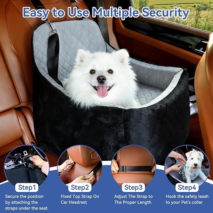 Dog Car Seat for Small/Medium Dogs Under 30lbs, Double-Sided Cooling & Warm Booster Seat, Detachable & Washable Elevated Pet Bed with Pockets, Anti-Slip Base for Front & Back Seats with Safety Leash