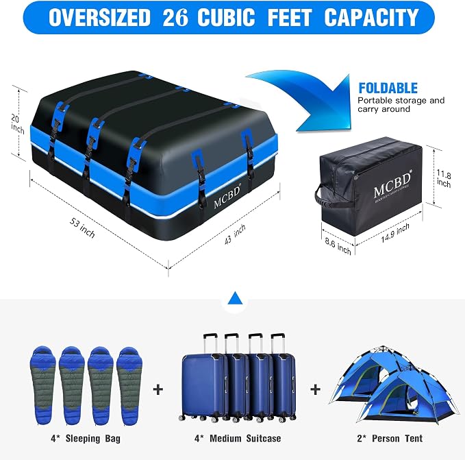 Rooftop Cargo Carrier, 26 Cubic Feet Soft-Shell Waterproof Car Roof Luggage Bag for All Vehicles SUV with/Without Rails, Includes 10 Reinforced Straps 6 Door Hooks Suitable, Storage Bag,Anti-Slip Mat