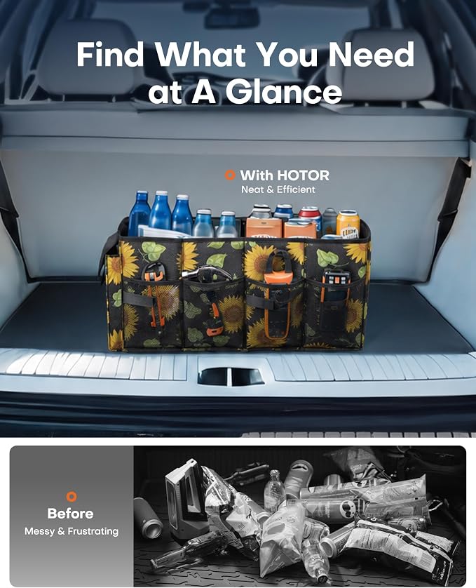 HOTOR Trunk Organizer - Car Organizer, Foldable Trunk organizer for SUVs & Sedans, Sturdy Car Organization for Car Accessories, Tools, Sundries, Sunflower, 2 Compartments, 21.3"×12.6"×10.6"