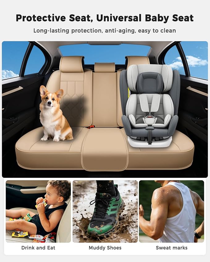 Huidasource Seat Covers Full Set, Universal Fit for Most Cars SUVs Trucks, Full Coverage Leather Automotive Seat Cover, Airbag, Cupholder Compatible, Seat Function Retain, Velcro Adjustable, Beige