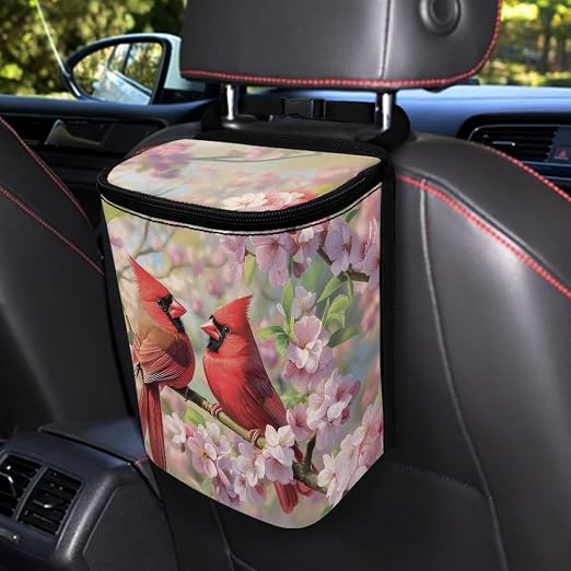 Talayituse Cardinal Cherry Blossom Print Car Trash Bin, Large Size Auto Trash Can Adjustable Portable Garbage Can with Lid, Vehicle Hanging Bag for Headrest Front Back Seat