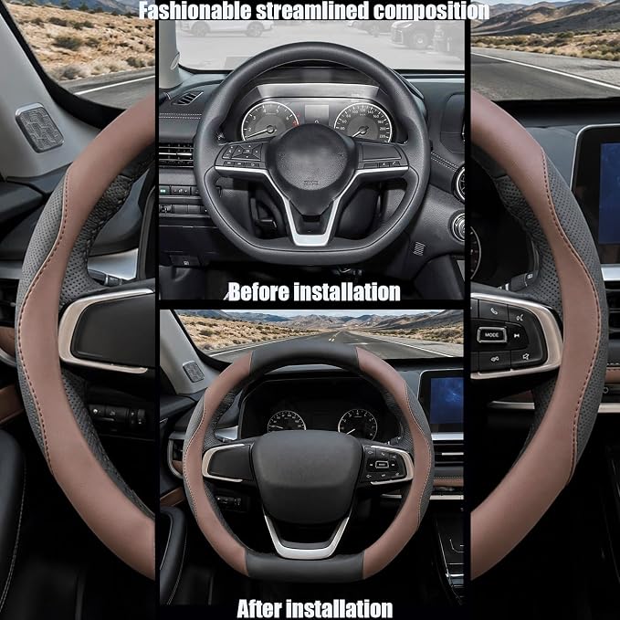 D Shaped Steering Wheel Cover, Flat Bottom Car Wheel Cover 14 1/2-15 inch (37-39 cm), Non-Folding Packaging, Microfiber Leather, Black and Chocolate Brown