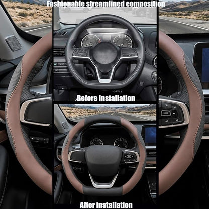 D Shaped Steering Wheel Cover, Flat Bottom Car Wheel Cover 14 1/2-15 inch (37-39 cm), Non-Folding Packaging, Microfiber Leather, Black and Chocolate Brown