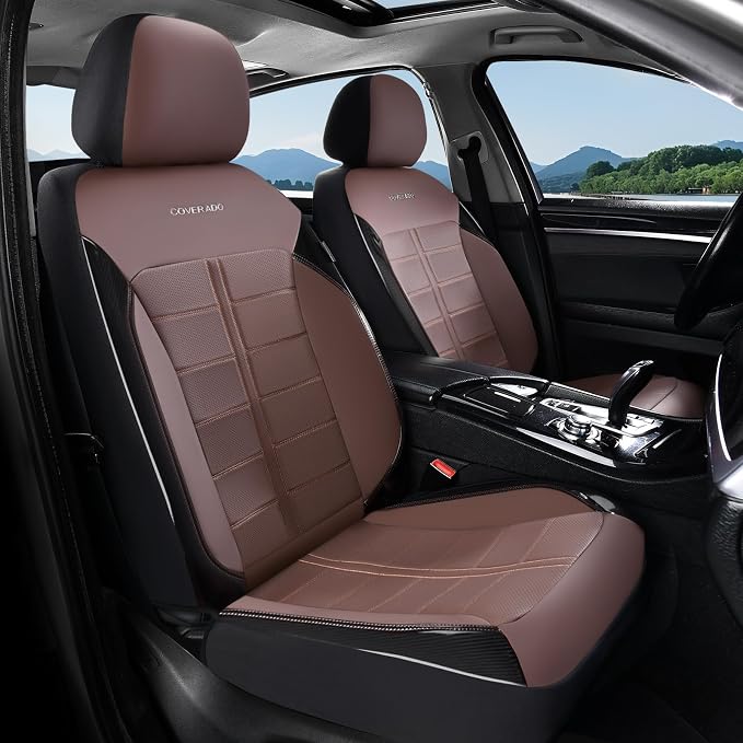 Coverado Front Seat Leather Covers, Full Leather Construction with Carbon Fibre Weave, Universal Fit for Most Cars SUV Trucks (Coffee)
