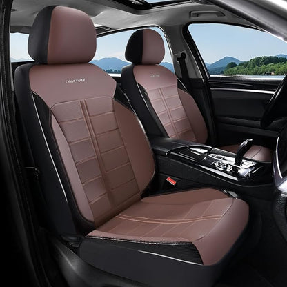 Coverado Front Seat Leather Covers, Full Leather Construction with Carbon Fibre Weave, Universal Fit for Most Cars SUV Trucks (Coffee)