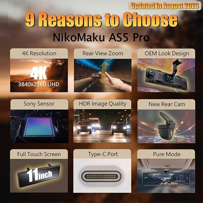 NikoMaku Mirror Dash Cam Front and Rear OEM Design 4K Resolution 11 Inch Full Touch Screen Rear View Mirror Camera for Cars 170° Wide Angle Type-C Dual Lens Included GPS AS5 Pro Standard