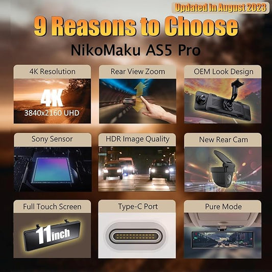NikoMaku Mirror Dash Cam Front and Rear OEM Design 4K Resolution 11 Inch Full Touch Screen Rear View Mirror Camera for Cars 170° Wide Angle Type-C Dual Lens Included GPS AS5 Pro Standard