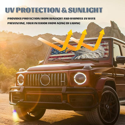 Bald Eagle American Flag Car Windshield Sunshade Folding, UV Rays Sun Shade Visor Protector, Universal Fit for SUV, Truck, Sedan, Easy to Install and Remove