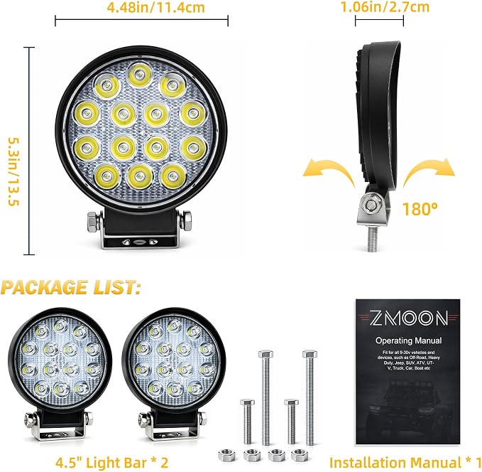 ZMOON Round LED Off Road Lights Kit, 2PCS 4.5" 84W LED Flood Light Bar with 10FT Wiring Harness (2-Lead), Driving Fog Lights for Truck ATV UTV SUV Boat