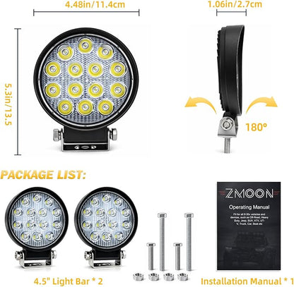 ZMOON Round LED Off Road Lights Kit, 2PCS 4.5" 84W LED Flood Light Bar with 10FT Wiring Harness (2-Lead), Driving Fog Lights for Truck ATV UTV SUV Boat