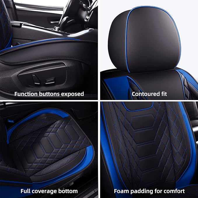 FREESOO Car Seat Covers Front Only 2pcs, Leather Driver Seat Cover Protector Airbag Compatible Universal Fit for Sedan SUV Pick-up Truck Van (Black Blue 8-2PCS)
