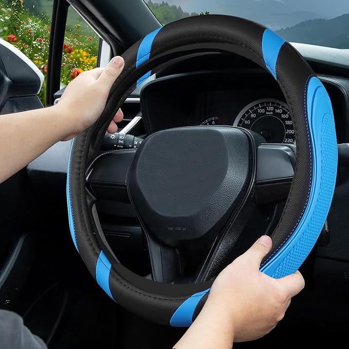 Concave Convex Massage Black Blue Microfiber Leather Steering Wheel Cover, 14.5-15 Inch Non-Slip Breathable Microfiber Car Steering Wheel Protector