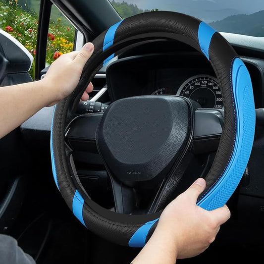 Concave Convex Massage Black Blue Microfiber Leather Steering Wheel Cover, 14.5-15 Inch Non-Slip Breathable Microfiber Car Steering Wheel Protector