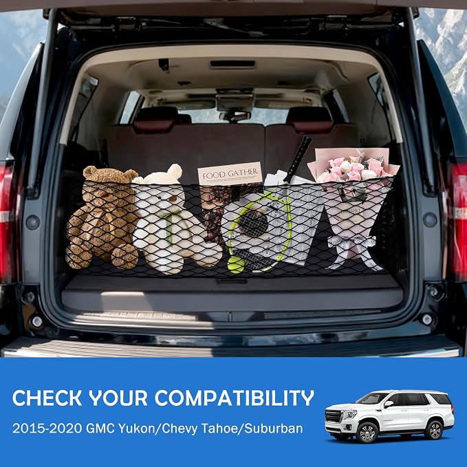 Envelope Style Caro Net for 2015-2020 GMCYukon/Chevy Tahoe/Suburban Accessories, Rear Trunk SUV Mesh Cargo Net, Upgraded 5mm Bungee&Double-Layer Nylon Storage Netting Grocery&Tools Holder Organizer