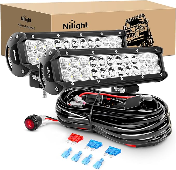 Nilight LED Light Bar 12 Inch 72W Spot Flood Combo Off Road Lights Driving Fog Led Pods Lights with 16AWG Wiring Harness Kit-2 Leads for Van Camper Car Pickup Golf Cart ATV UTV SUV Truck Boat 4x4