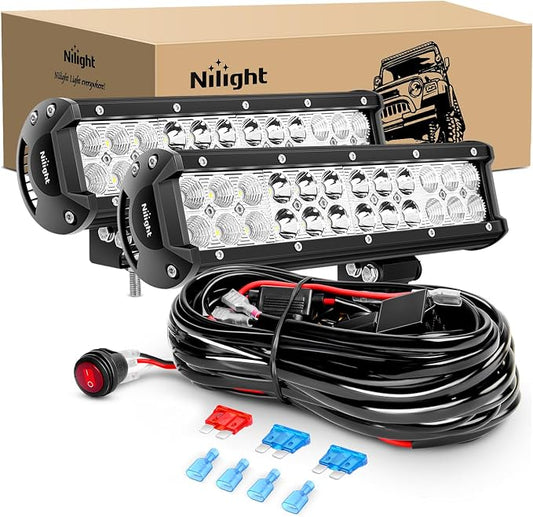 Nilight LED Light Bar 12 Inch 72W Spot Flood Combo Off Road Lights Driving Fog Led Pods Lights with 16AWG Wiring Harness Kit-2 Leads for Van Camper Car Pickup Golf Cart ATV UTV SUV Truck Boat 4x4
